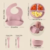 5Pcs Baby Silicone Feeding Set Round Dining Plate Sucker Bowl Dishes For Kids Waterproof Bib Children's Tableware Straw Cup 6
