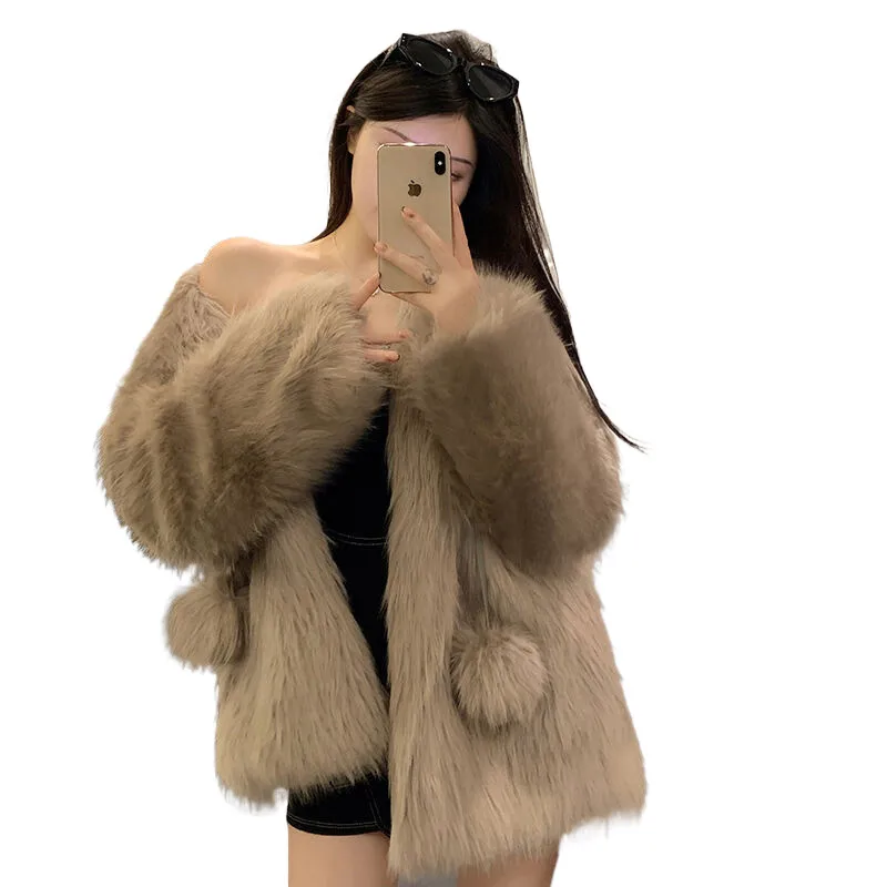 Winter New Women Faux Fur Coat Snow Ball Long Sleeves Thick Warm Faux Fur Coats Korean Fashion Young Lady