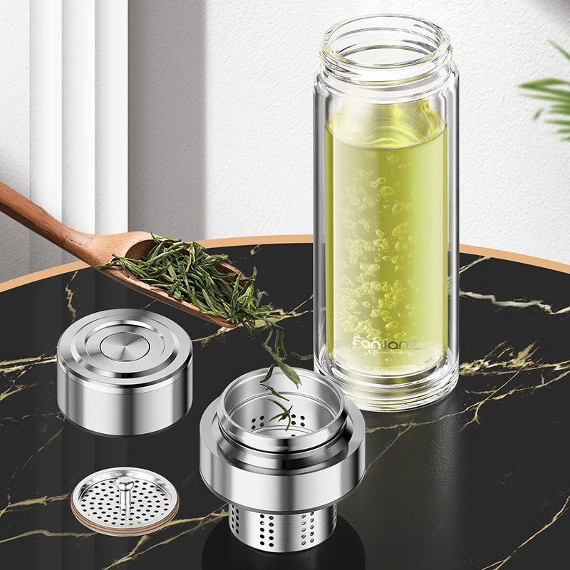 thumbnail image 2 of Taza de té de vidrio de doble capa con prensa abierta, taza de vidrio para tetera, botella de agua de borosilicato, taza de separación de agua de té, regalo de empresa, 2 of 6
