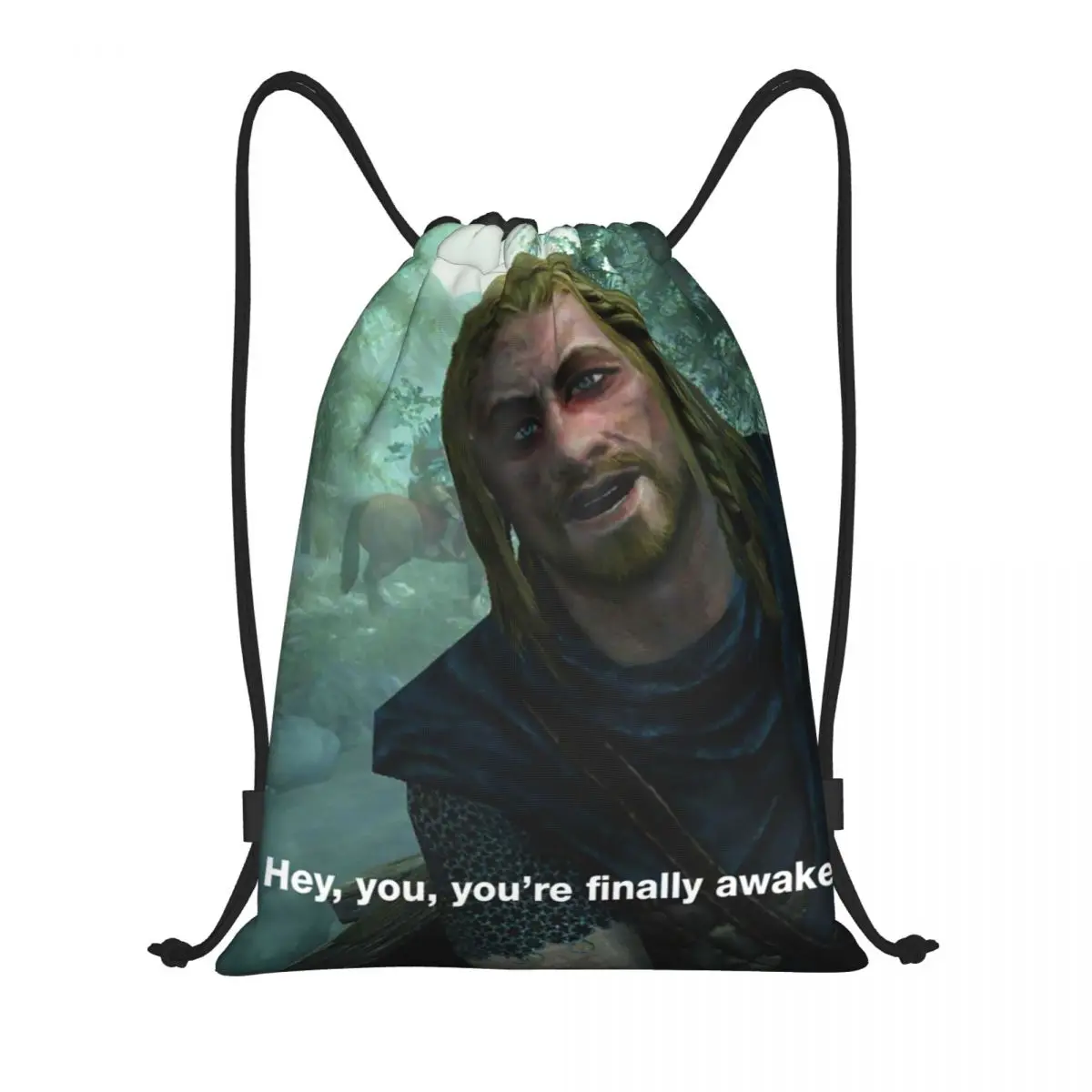 

Hey You You're Finally Awake Drawstring Backpack Women Men Gym Sport Sackpack Foldable Skyrim Meme Training Bag Sack