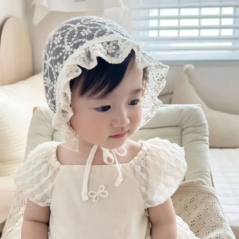 Baby Girl Toddlers Breathable Lacy Bonnet Eyelet Cotton Adjustable Sun Protection Hat Cute Casual Headband Hair Accessories