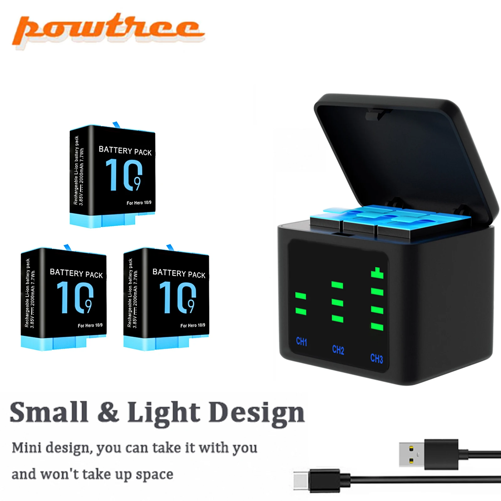 Per Gopro Hero 11 10 Batteria 2000Mah Scatola Di Ricarica Rapida A 3 Vie Per Gopro Hero 9 10 11 Batterie Per Fotocamera Accessori Neri