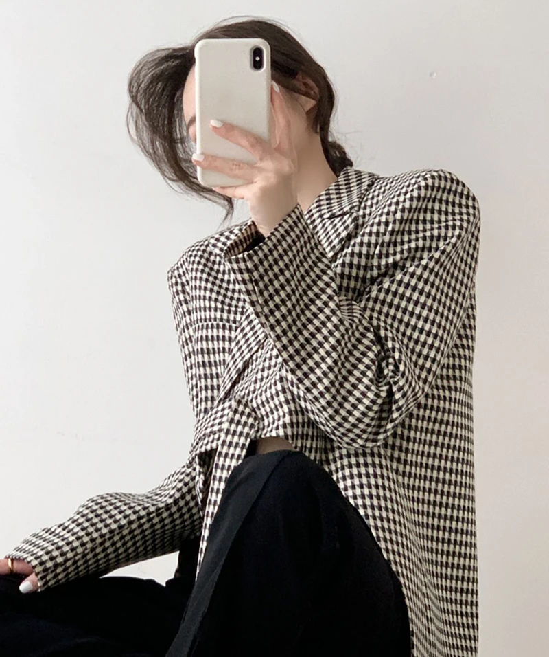 Houndstooth Plaid Blazer Women’s Black Irregular Suit Jacket Streetwear Korean Ribbon Cropped Womens Coat Office Lady Elegant Striped Jackets Outwear Plus size Blazers for Woman 