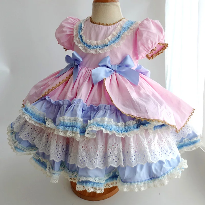 Birthday Dress Spanish Girls Boutique Dresses 2022 Summer Layered Children Lace Bow Embroidery Ball Gown Princess Clothes baby dresses