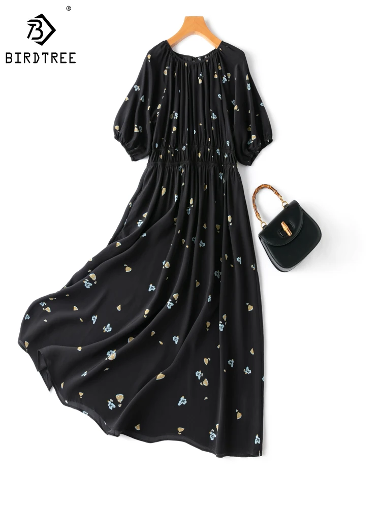 

Birdtree Elegant Black Floral 100%Silk Crepe Double Neck Raglan Lantern Sleeve Elastic Double Waist Line Women's Dress D38321QD