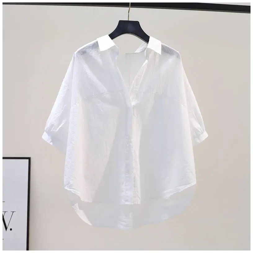Casual Solid Button Blouse Polo Neck Short Sleeve Loose Simplicity Basic Shirt Tops Fashion Vintage Women Clothing Summer New