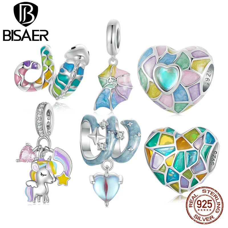 

BISAER 925 Sterling Silver Rainbow Heart Charm Bead Conch Chameleon Unicorn Pendant For Women DIY Bracelet Fine Jewelry ECC2708