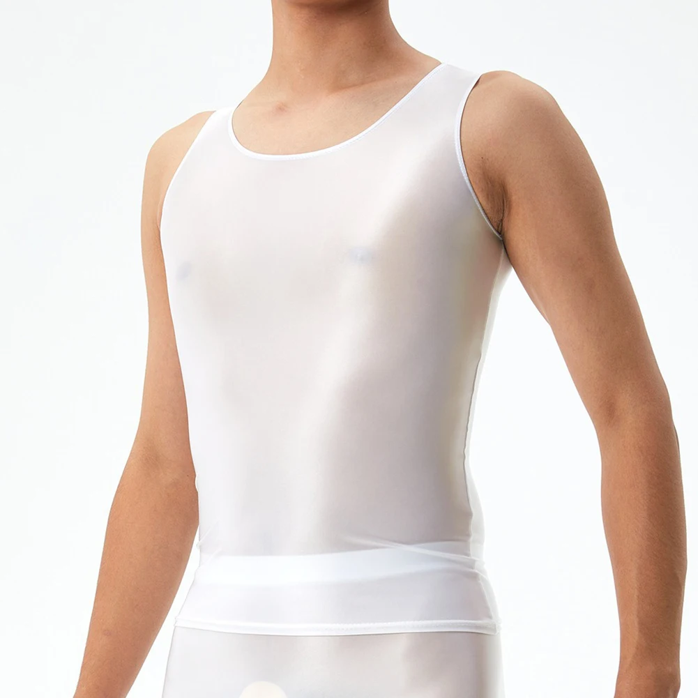 

Men Top Top Casual Men Oil Shiny Sleeveless Smooth Solid Color Tank Top Tights Top Widely Applicable High Quality