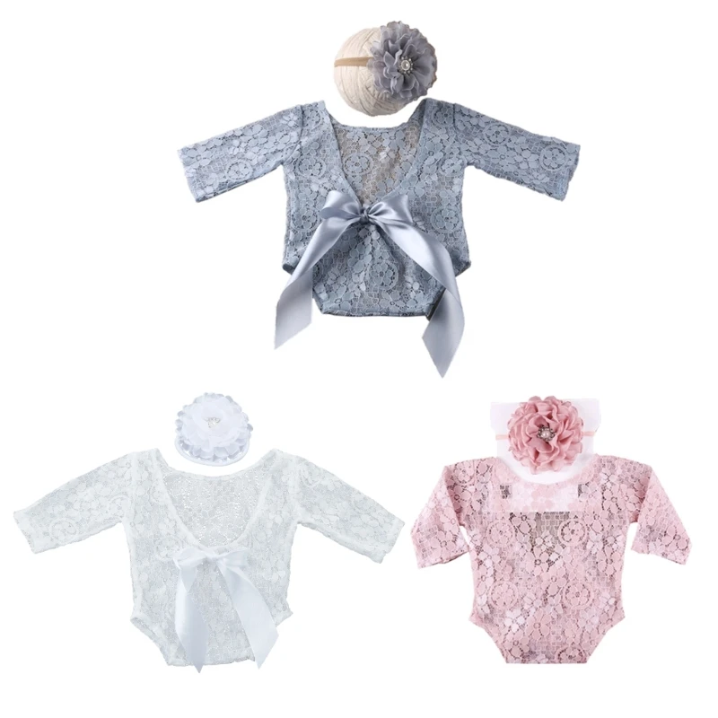 

Y1UB Lace Jumpsuit Bodysuit Floral Hairband for Head Wrap Turban Headwear Costume Gifts Set for Infants Photo Shooting Clothi