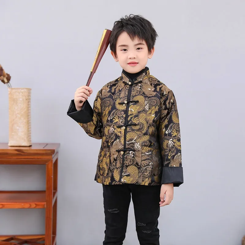 Boys Kids Chinese Tang Suit Jacket Traditional Costume Dragon Print Coat New Year Christmas Winter Outfit