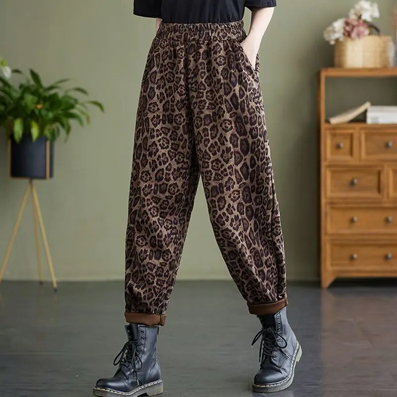 calça casual, estampa de leopardo, plus size, 5XL, 150kg, outono