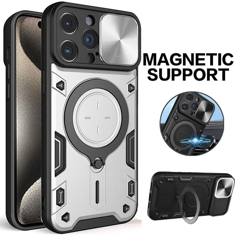 Slide Camera Shockproof Armor Case with Ring Holder and Magnetic Back Cover