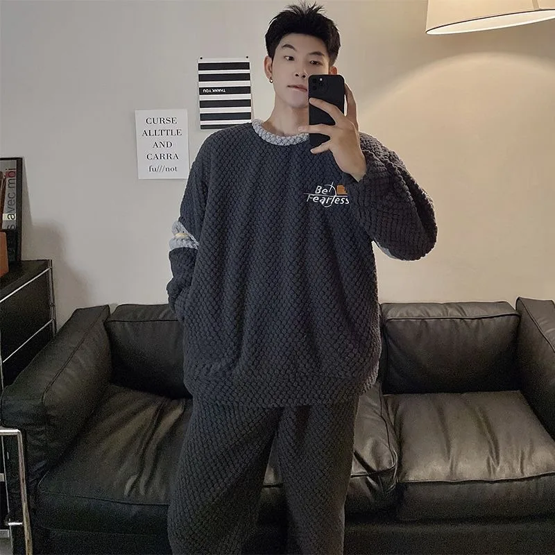 2024 New Men Pajamas Winter Coral Fleece Thickened Velvet Nightclothes Suit Male Round Collar Casual Warm Large Size Loungewear