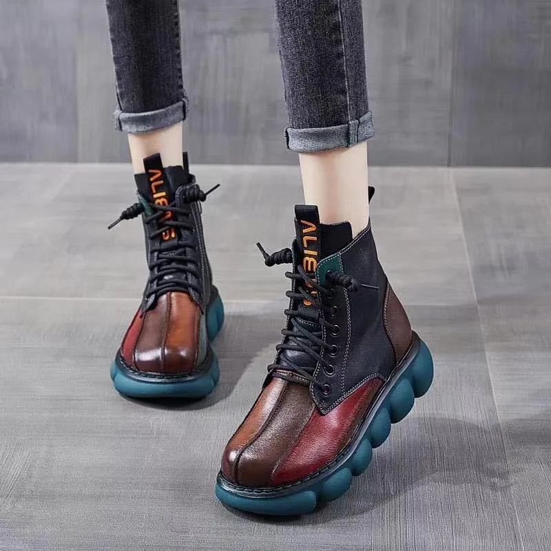 Women's Boots Fashion Chelsea Boot Vintage Short Leather Ankle Boots Autumn Winter New Leather Patchwork Platform Boots