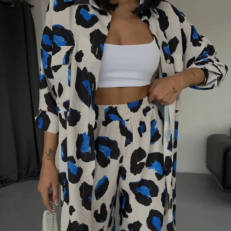 Women's Spring and Autumn New Leisure Suit Cow Print Women's Print Design Long Sleeve Shirt Wide Legs Trousers Leopard Print Set