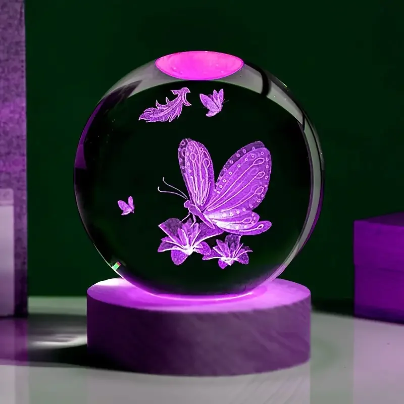 1pc 3D laser engraving ‌‌‌‌ honey butterfly love, crystal ball night light, modern polished glass decoration, Christmas, Hallowe