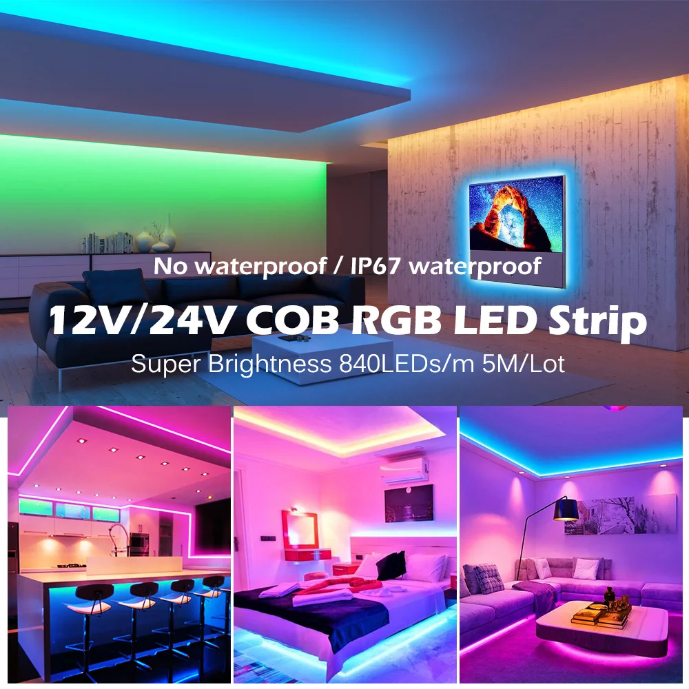 RGB COB LED Strip 840 LEDs 10mm DC12V 24V High Density Flexible IP67 Waterprof Super Brightness 5m/lot.