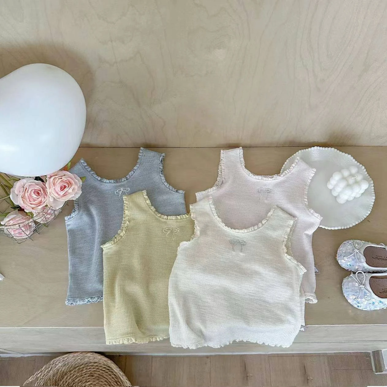 T2582 Girls Embroidered Lace Trim Mini Vest Cute Stylish Summer Wear Striped Camisole Baby Girls Inner Wear Strap Top 2