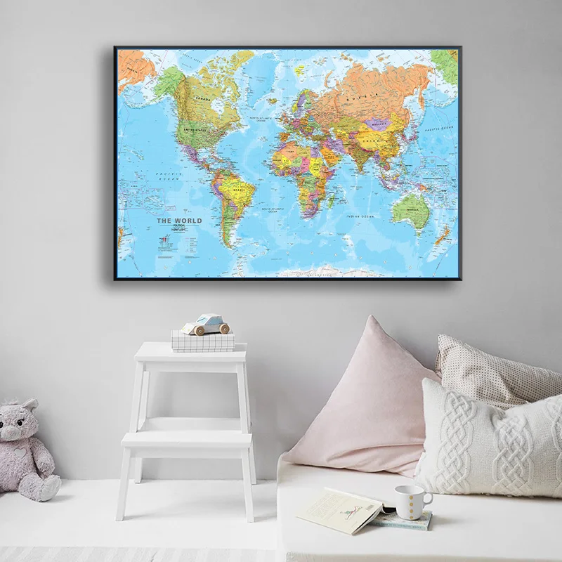 World Map 75*50cm Details Spray Canvas Painting Wall Art Poster Home Decoration Office School Supplies In English