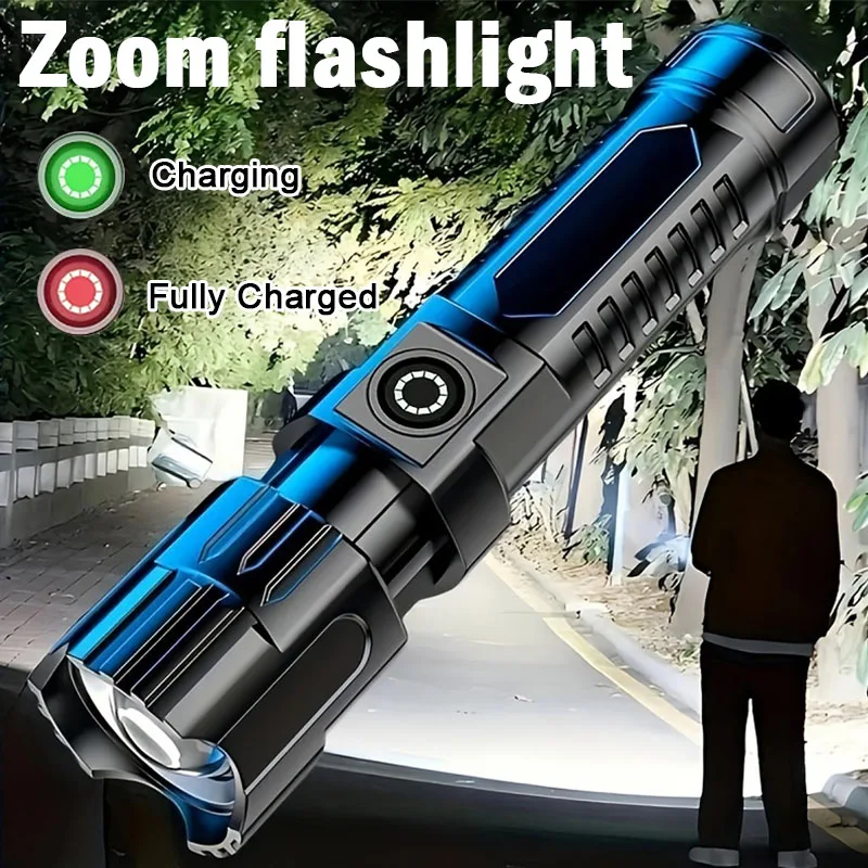 휴대용 미니 LED 손전등 내장 배터리, USB 충전식 LED 토치 램프, 조정 가능한 줌 가능 손전등, 하이킹 캠핑용