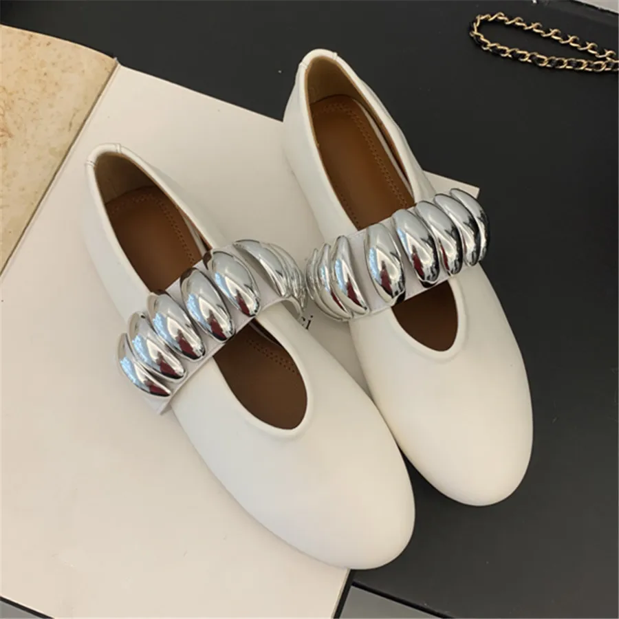White Metal Studded Women Ballet Flats Comfortable Dance Flat Shoes Casual Driving Walking Loafers Espadrilles Ladies Mary Janes