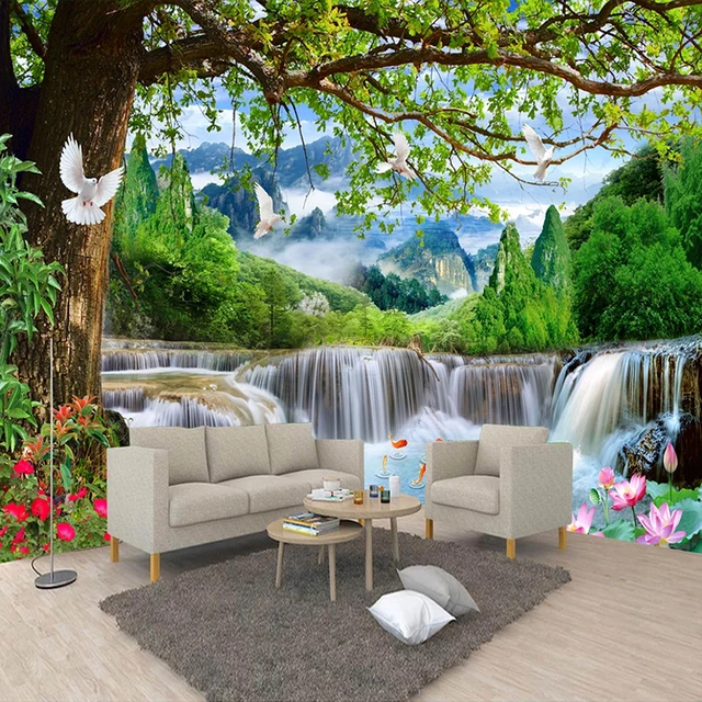 Mural de pared personalizado, papel tapiz fotográfico para dormitorio,  Fondo de sala de estar, verde, árbol grande, bosque, cascada, paisaje  natural, póster 3D - AliExpress