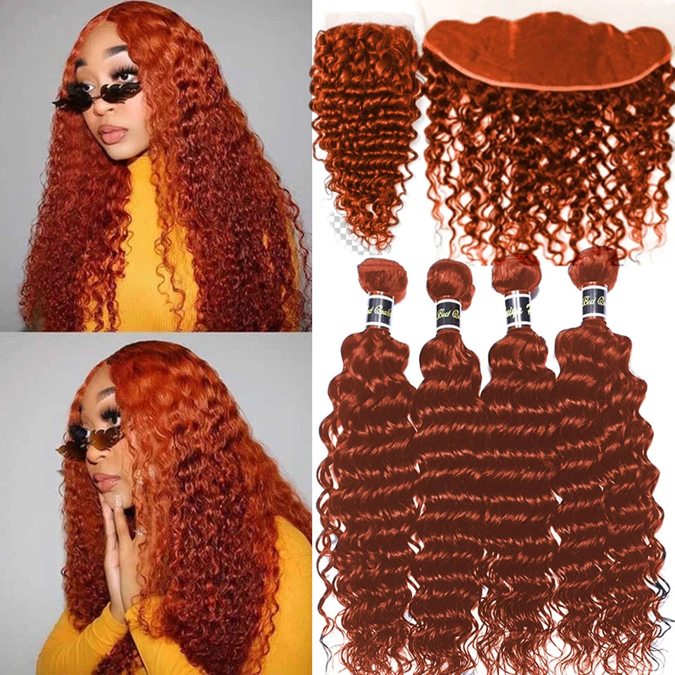 Ginger Bundles With Closure 4x4 6x6 350 Orange Colored Deep Wave