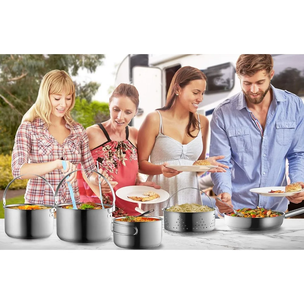 NEW! Camping Cookware Set 304 Stainless Steel 8-Piece Pots & Pans