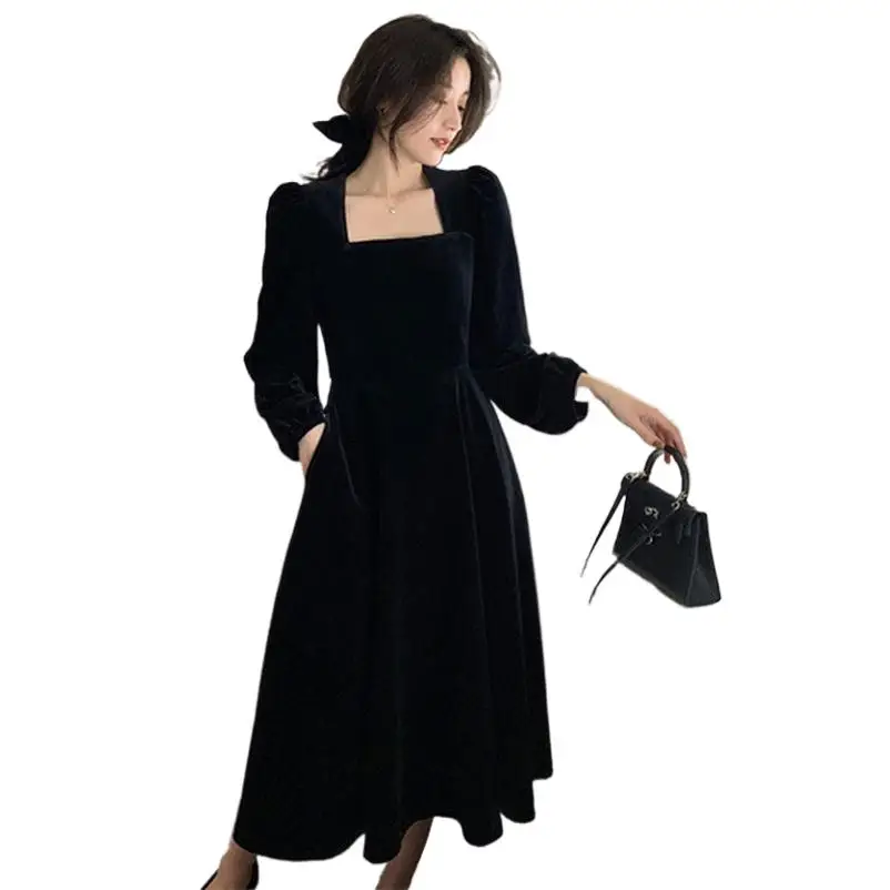 

Autumn Women Square Collar Vintage Elegant Dress Winter Velvet A Line Long Dress Female Velour Party Vestidos S