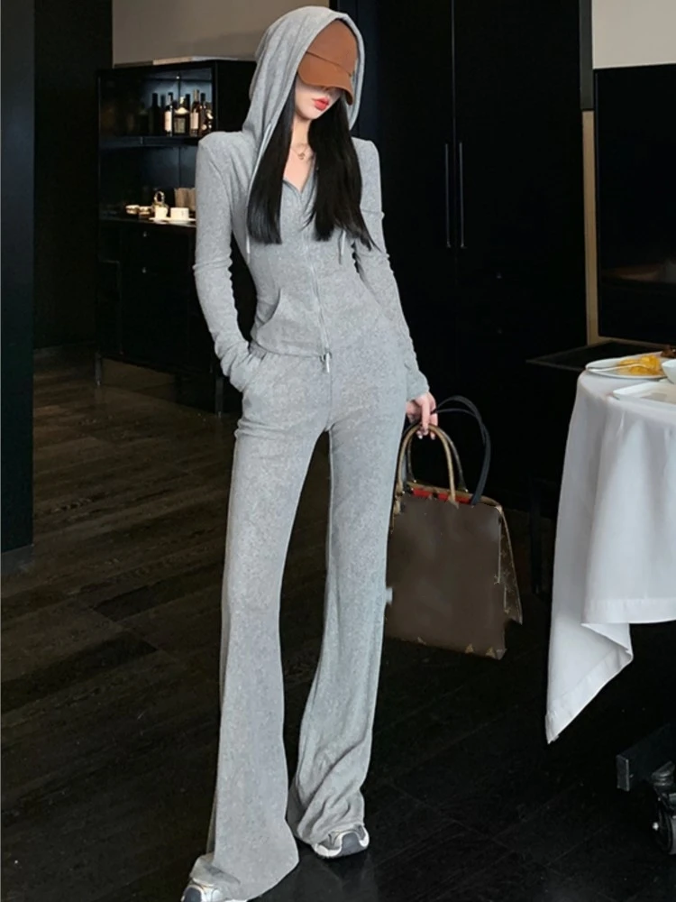 Y2K High Street Two Piece Set Tracksuit Women Hooded Zipper Jacket + Drawstring Wide Leg Pants Korean Fashion Solid Slim Outfits 6