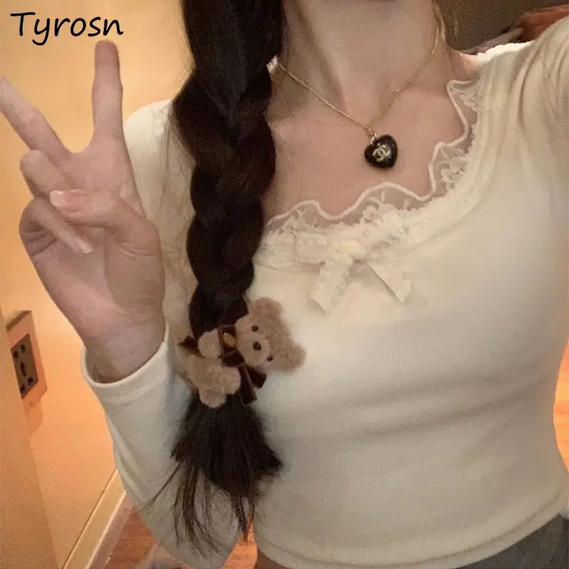 

Футболки Женские однотонные с бантом и кружевом в Корейском стиле облегающая женская теплая Модная простая универсальная Осенняя уличная одежда милая шикарная кавайная