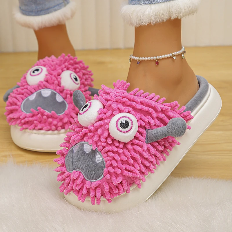 Cartoon Monster Fluffy Slippers Women Thick Sole Non Slip Infoor Funny Slippers Woman 2025 Plush Warm Home Cotton Slides Shoes