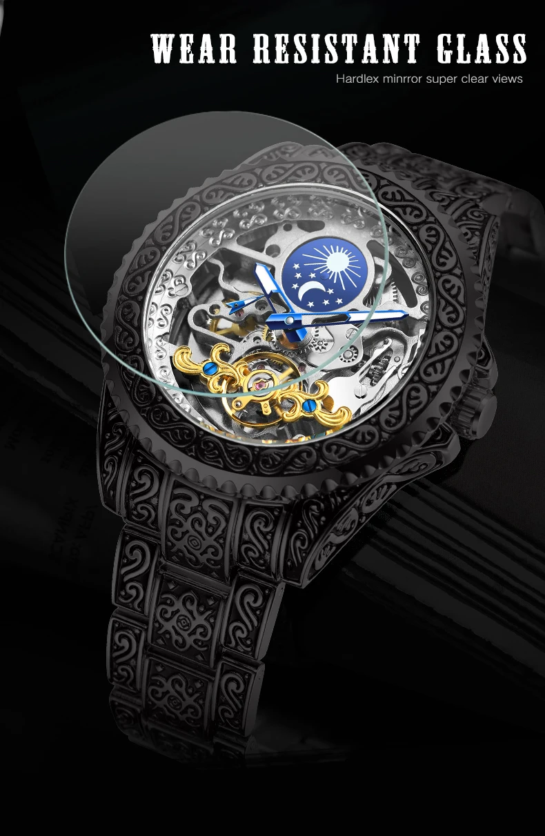 FORSINING Orologio da uomo vintage con intaglio, automatico, meccanico, scheletrato, con fasi lunari, luminoso, di lusso._voghion.com