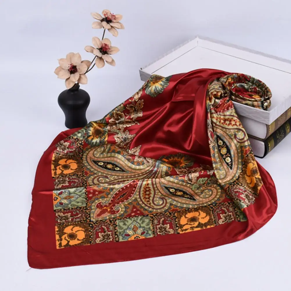 Large Cashew Flower Printed Hair Scarf Sunscreen Imitation Silk Square Smooth Retro Scarf Outdoor Women's Turban Hair