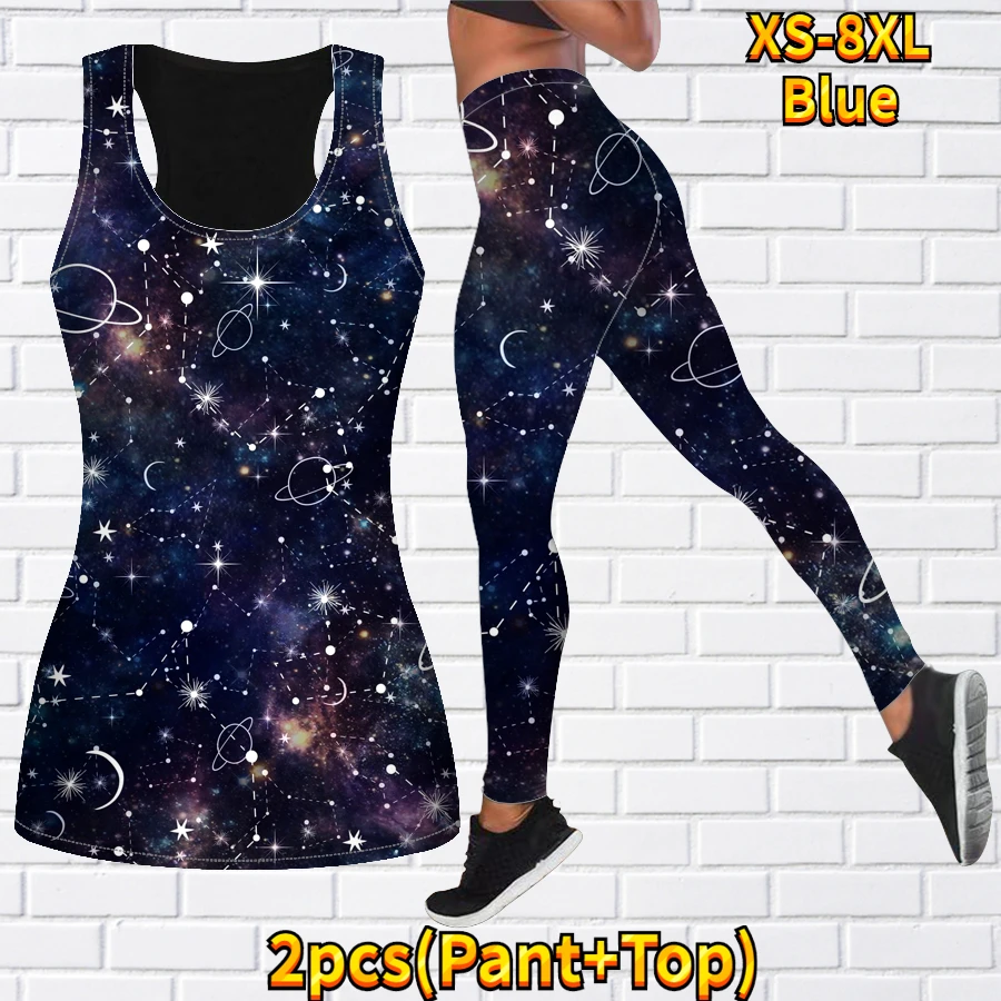Spring/Summer Women\'s 3D Universe Star Sky Printed Tank Top and Tights Summer Sleeveless Fit Tank Top Yoga Set XS-8XL