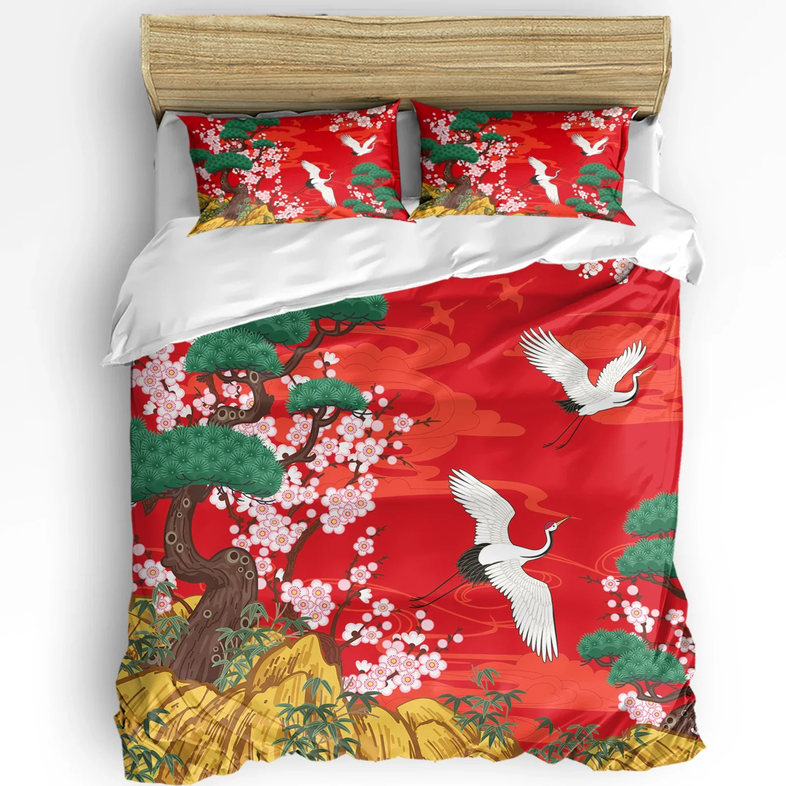 Japanese Style Crane Cherry Blossom Vintage 3pcs Bedding Set For Double Bed Home Textile Duvet Cover Quilt Cover Pillowcase