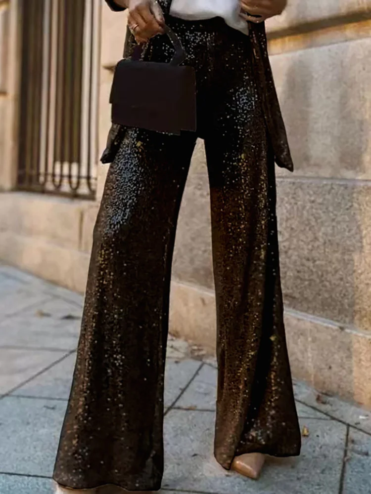 Conjunto de 2 piezas con lentejuelas para mujer, traje de cintura alta con costuras abiertas, pantalรณn femenino, abrigo, elegante, plateado,