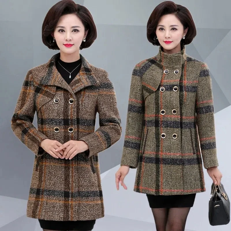 

Шерстяные куртки, женское длинное шерстяное пальто, пальто в клетку для мам, Новинка осени-зимы 2023, утепленная Высококачественная женская верхняя одежда, верхняя одежда
