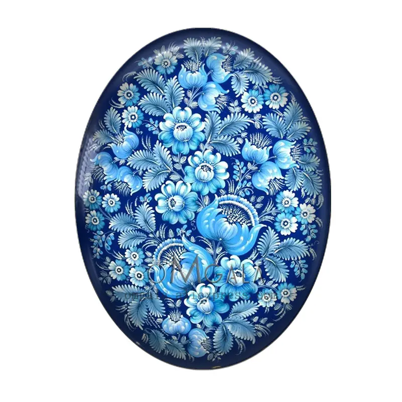 Blue Russia Folk Flowers Art Patterns 10pcs 13x18mm/18x25mm/30x40mm Oval photo glass cabochon demo flat back Making findings 