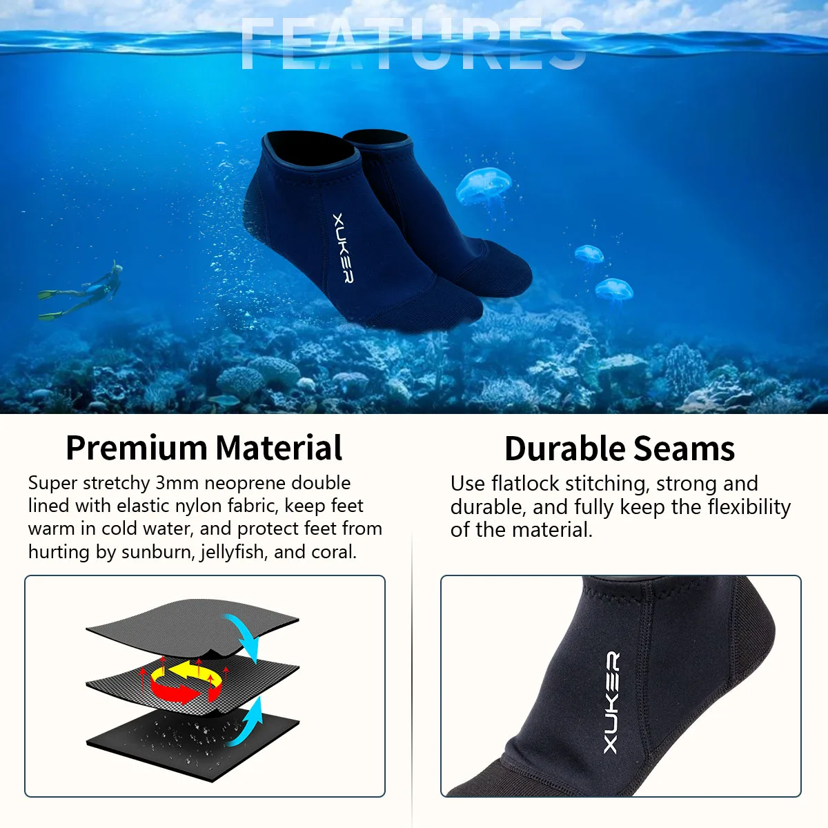 3mm Neoprene Socks Beach Volleyball Diving Swimming Surfing Snorkeling Kayaking Rafting Water Booties, Flatlock Stitches,Low Cut 4