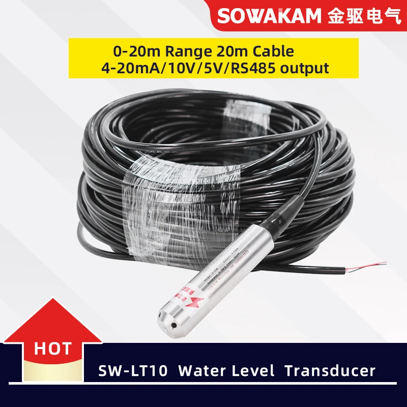 

SW-LT10 Water Level Transmitter 0-20M Range 4-20mA 10V 5V RS485 output 24VDC Liquid Level Sensor With 20m Cable 0.5%F.S.