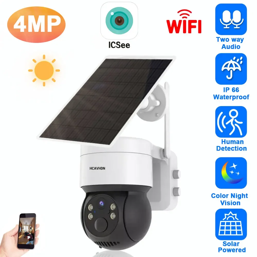 

2K 4MP HD WiFi Solar Camera Outdoor PTZ IP Camera Bulit-in Recharge Battery Human Detection CCTV Video Surveillance Camera iCsee