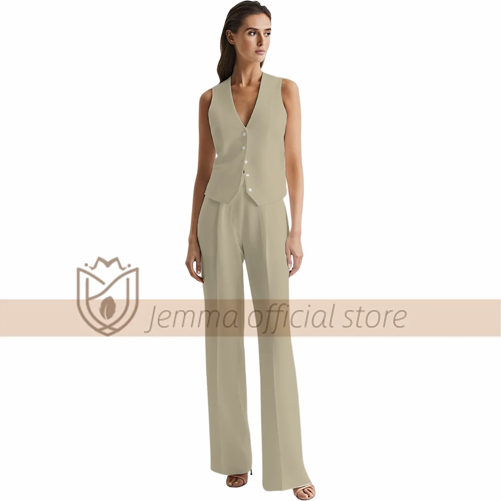 Women's Elegant Handmade Khaki Linen Suit Vest and Pants Set of 2 - Suitable for Office, Casual, Party Celebration Events
