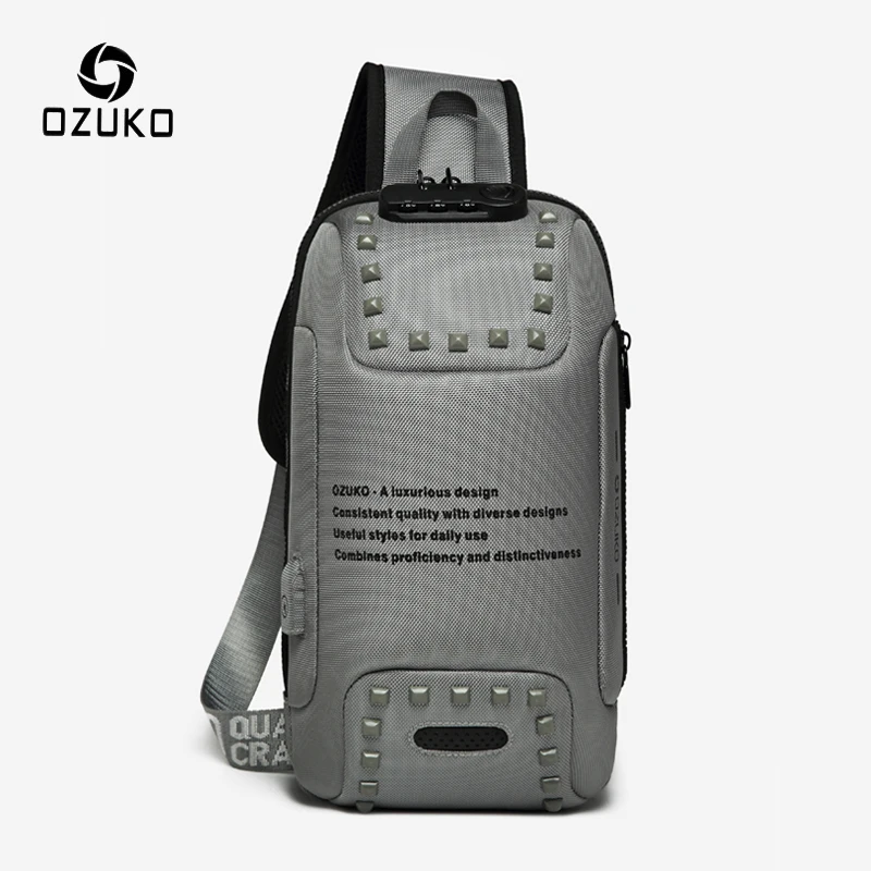 

Fashion OZUKO Men Rivet Crossbody Bags Anti-theft Messenger Bag USB Charging Chest Pack Short Trip Water Repellent Shoulder Bag