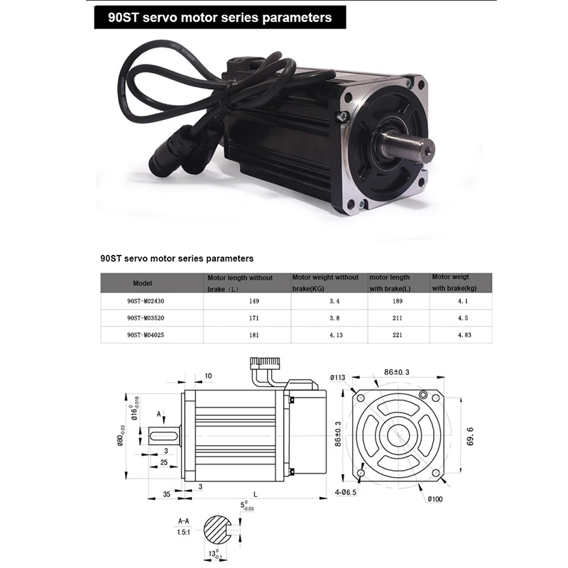 90ST-M02430 220V 750W AC Servomotor 3000 U/min 2,4 N.M. 0,75KW Servomotor Einphasiger AC-Antrieb Permanentmagnet Passender Treiber – Detail 2