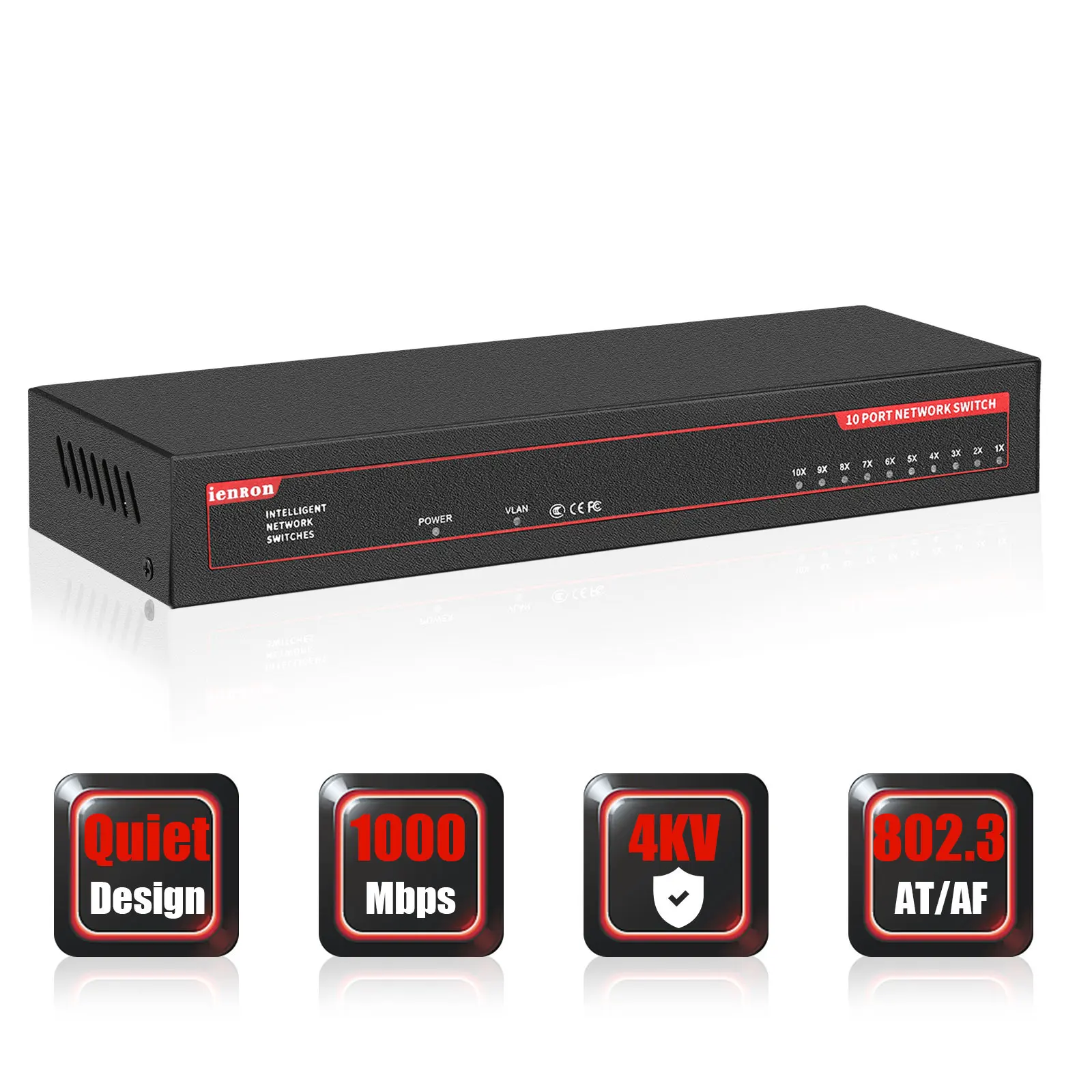 Gigabit Switch 10 Port 1000Mbps Network Switch with 2 Uplink Port IEEE 802.3af/at Fast Ethernet Switch for IP Camera wireless AP