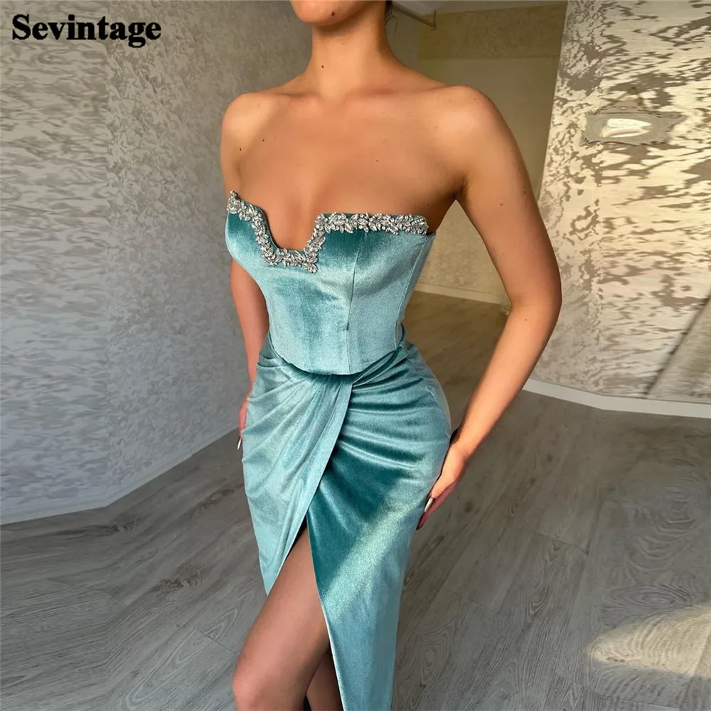 

Sevintage Sexy Mint Green Mermaid Evening Dresses Strapless Crystal Pleated Middle Slit Prom Gowns Special Occasion Dresses 2023