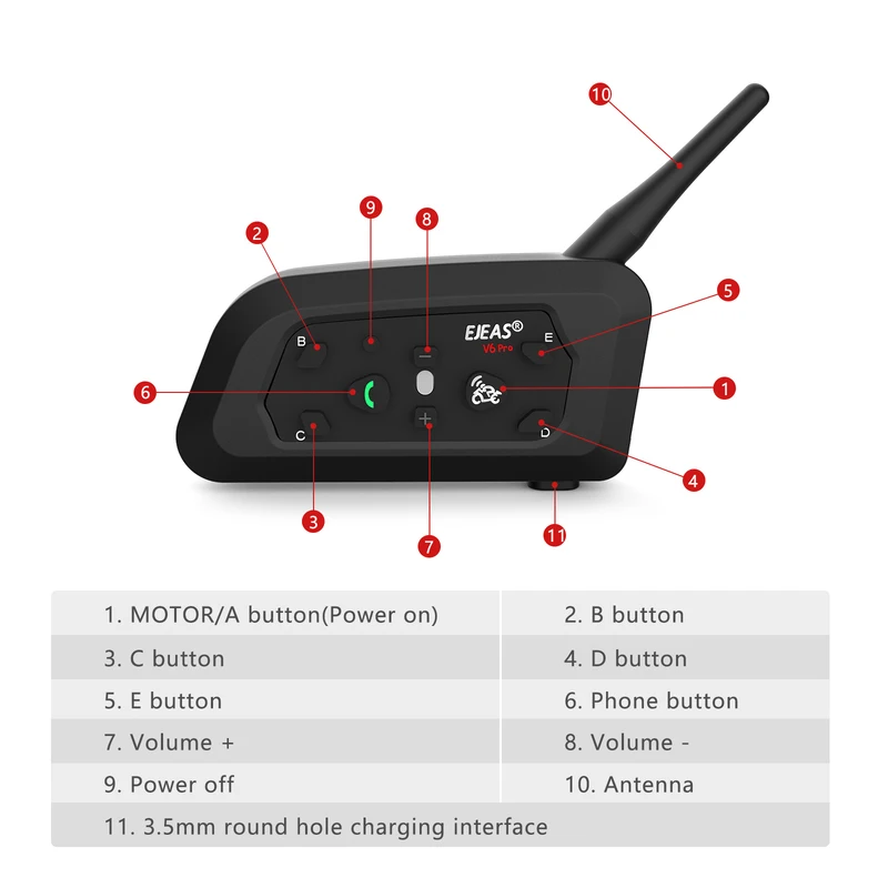 New EJEAS V6 PRO Bluetooth Motorcycle Helmet Intercom Headset with Long Range BT Interphone Communicator for 6 Riders Waterproof