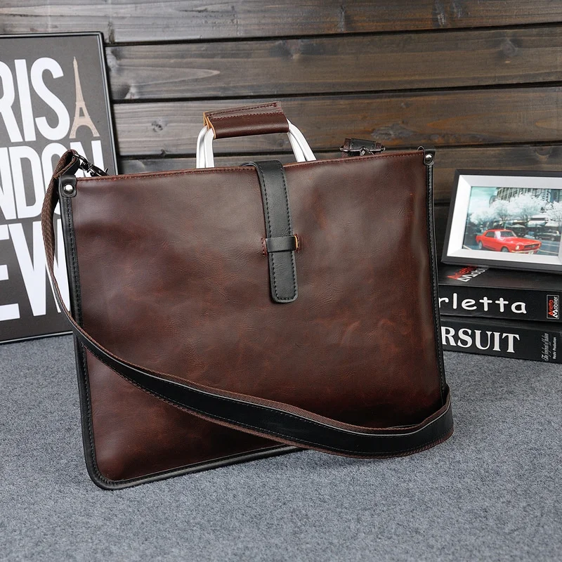 Vintage PU Leather Men's Handbag Business Briefcase For Document Large Capacity File Bag Fashion Shoulder Messenger