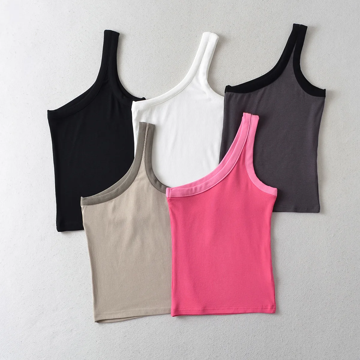 

Women Sleeveless One Shoulder Patchwork Color Ribbed Vest Tank Top
